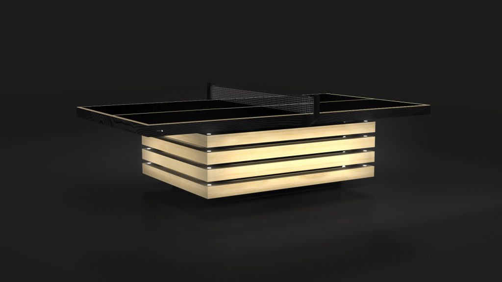 The Arclight Ping Pong Table is a modern masterpiece with black and beige design, featuring an illuminated base with horizontal slats, glowing lights, and a stylish black playing surface against a dark background.