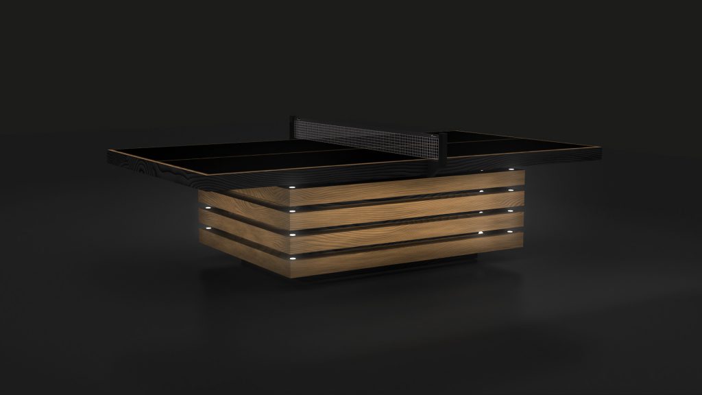 The Arclight Ping Pong Table boasts a luxury design with sleek black elements, wooden horizontal panels, and integrated LED strip lights, set elegantly against a dark background.