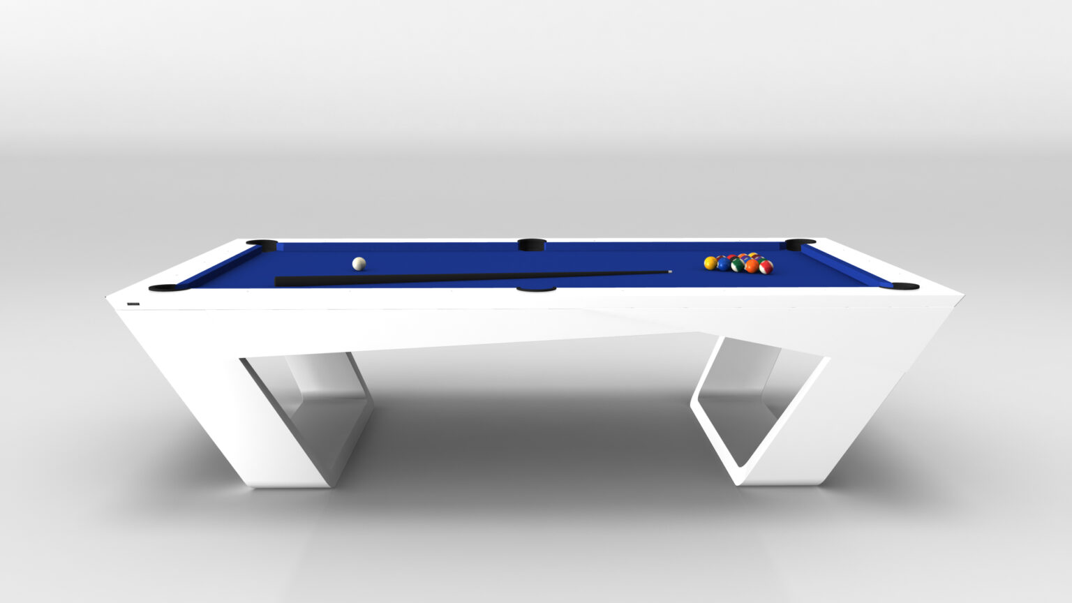 The Avettore Pool Table features a luxury design with a sleek white frame and blue felt surface. It includes one cue stick and a white cue ball, with colored balls arranged at the far end. Its angular, geometric base adds to its modern appeal.