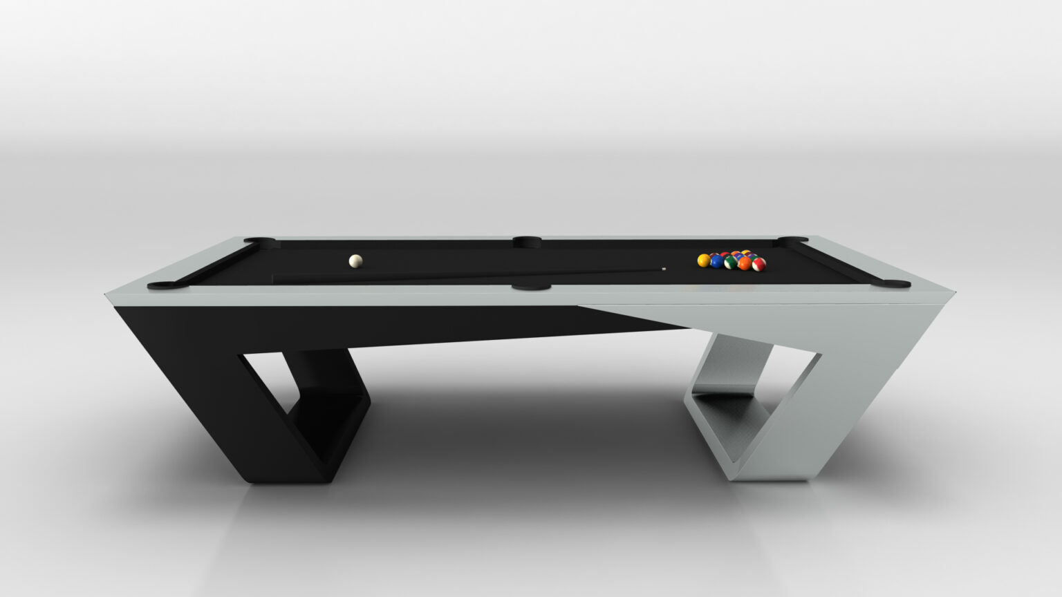 The Avettore Pool Table boasts a modern, angular design that embodies luxury with its sleek black and gray color scheme. Its unique base features open rectangular supports, and the pool balls are precisely arranged at one end against a plain white background.