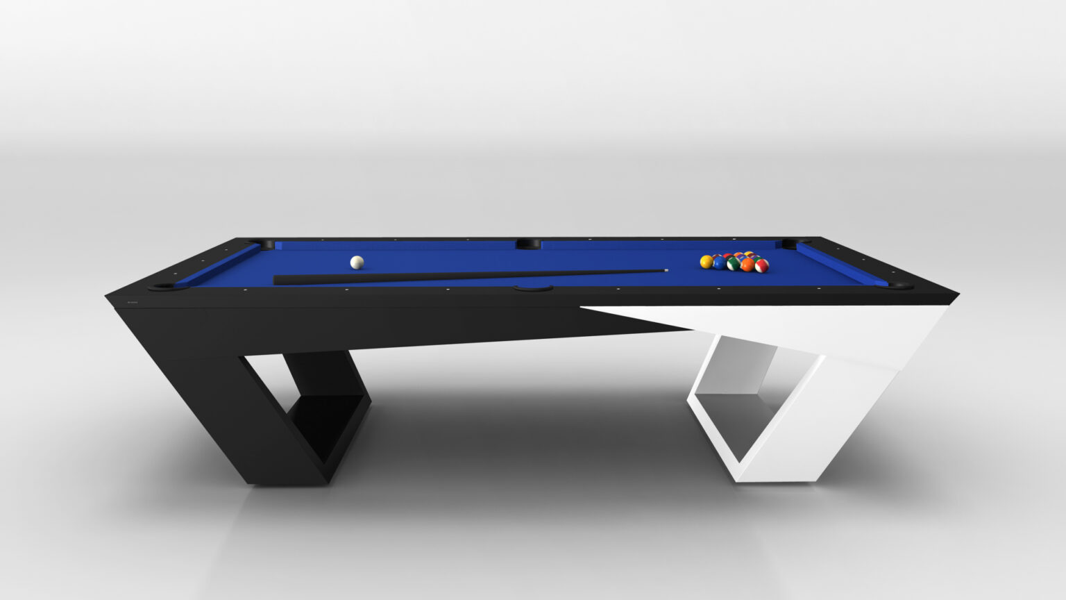 The Avettore Pool Table boasts a sleek blue felt top and a black and white geometric base on a light-colored floor. It includes a cue stick and an array of colorful billiard balls neatly arranged.