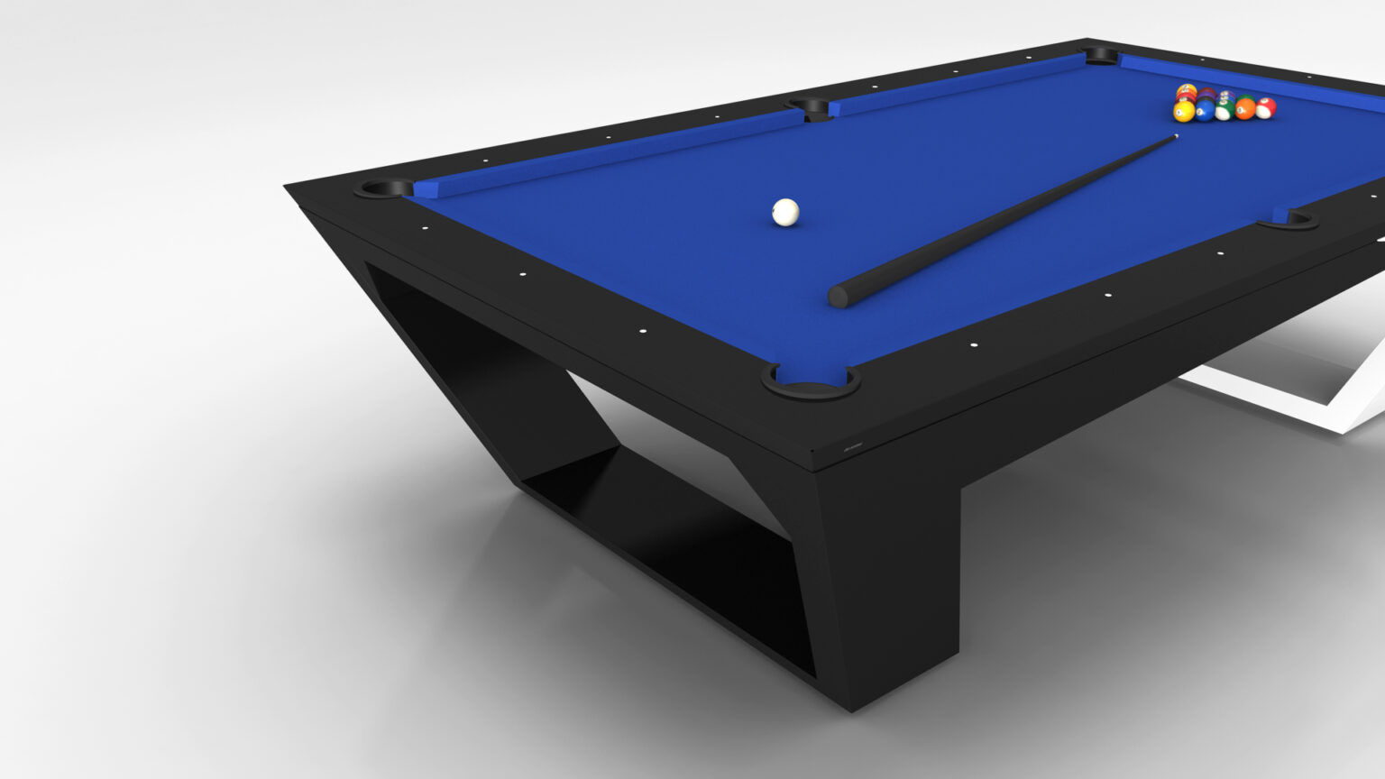 The Avettore Pool Table, a luxurious black design with blue felt, includes a billiard cue and white cue ball. A triangle of colored balls is set up perfectly at one end. Its modern look contrasts beautifully against the light background, showcasing elegance in luxury game tables.