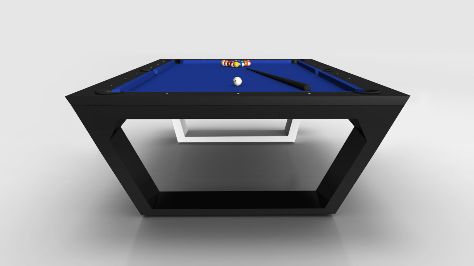 The Avettore Pool Table boasts a modern design with a blue felt surface and sleek black geometric frame. It includes a set of racked billiard balls, a cue ball, and a black cue stick, elegantly showcased on a reflective floor against a minimalist backdrop.