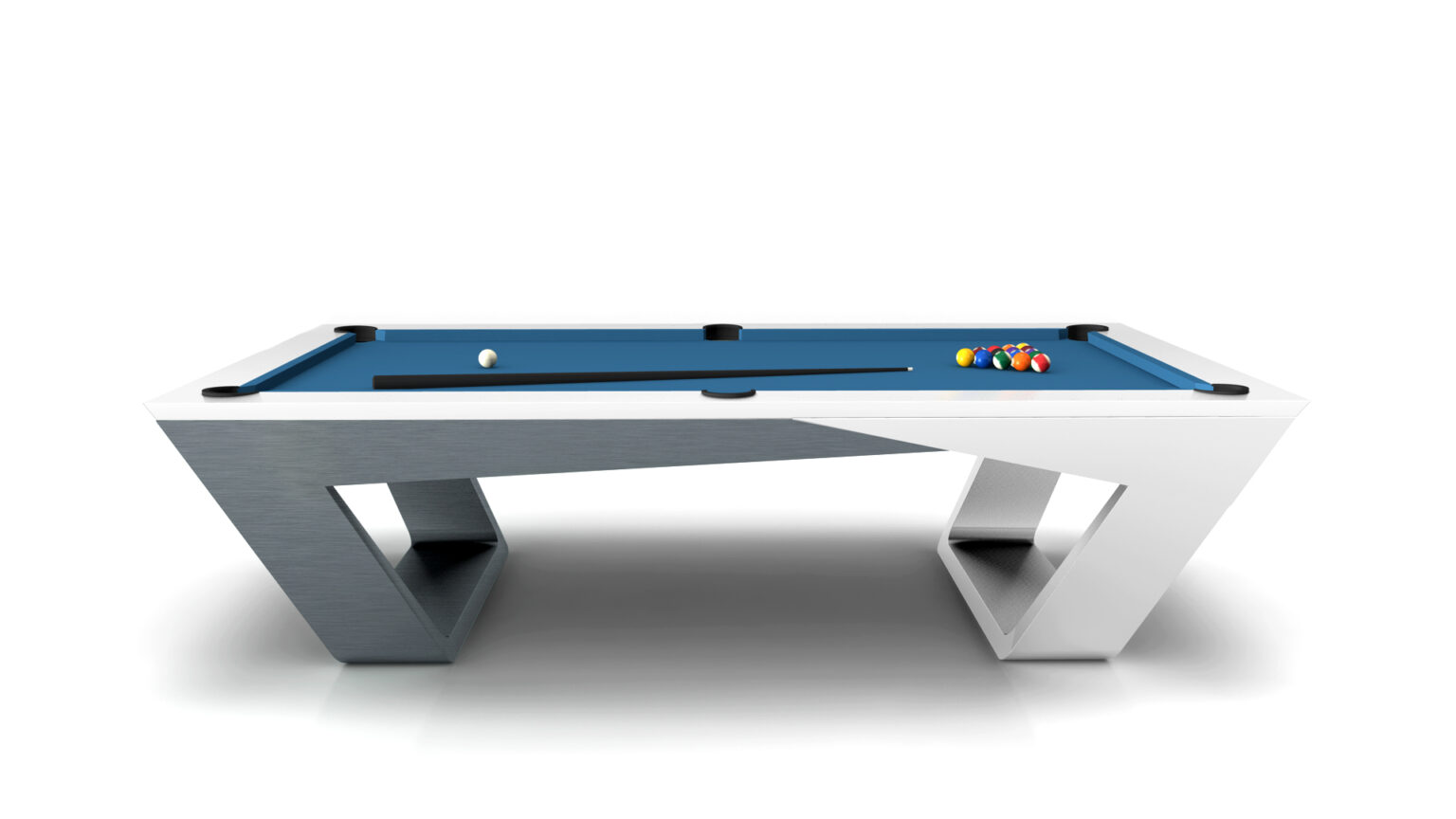The Avettore Pool Table epitomizes luxury game tables with its modern, angular design. It features a blue felt surface, a white cue ball, and a black cue stick, complemented by neatly arranged racked balls ready for play.
