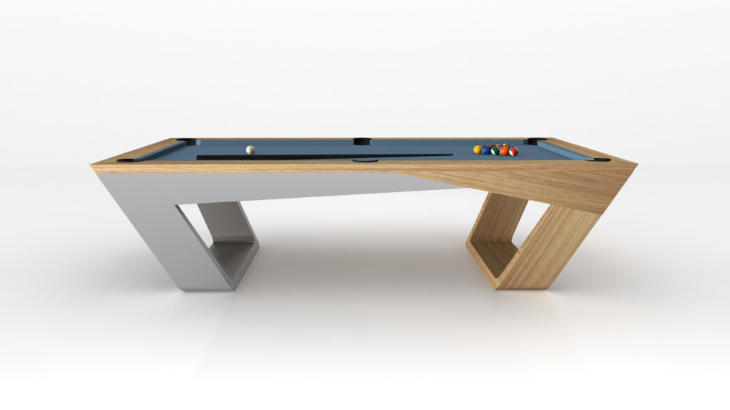 Elevate your game night with the Avettore Pool Table, featuring a modern, asymmetrical design. Its blue playing surface is accentuated by a blend of wood and gray metal frame. Pool balls rest neatly at one end, adding elegance to this luxury table.