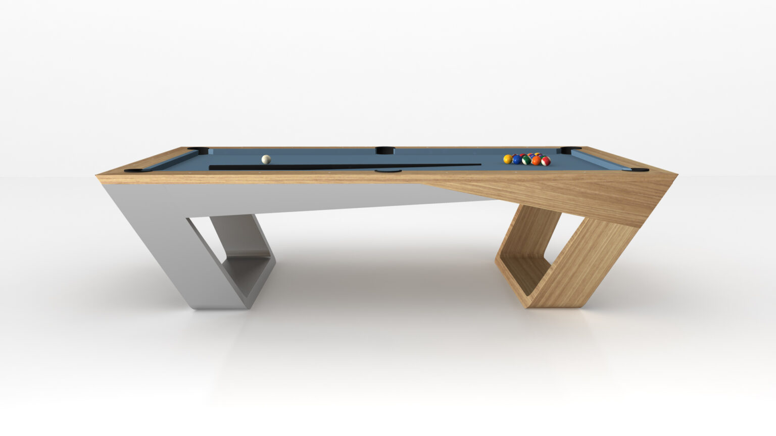 Elevate your game night with the Avettore Pool Table, featuring a modern, asymmetrical design. Its blue playing surface is accentuated by a blend of wood and gray metal frame. Pool balls rest neatly at one end, adding elegance to this luxury table.