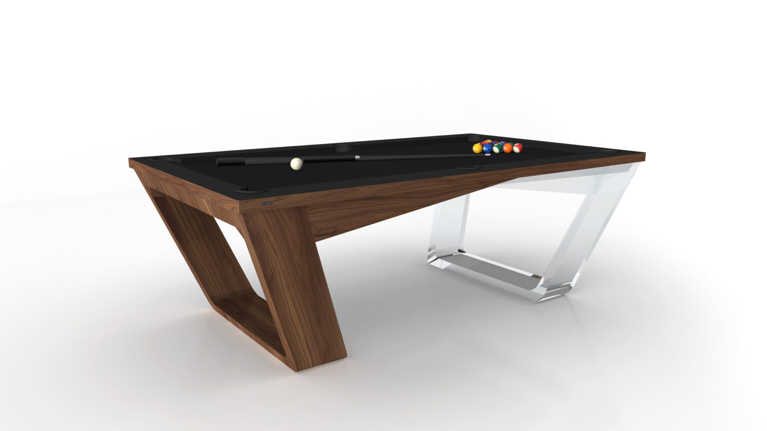 The Avettore Pool Table is a modern luxury game table featuring a sleek black surface, vibrant balls, and an innovative design with one wooden leg and one transparent leg, set against a pristine white background.