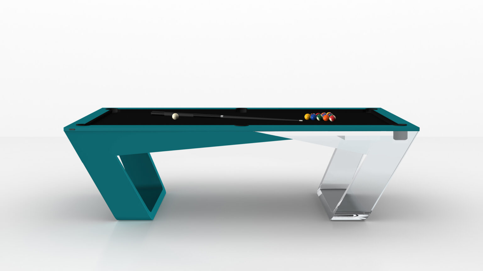 The Avettore Pool Table, a luxury game table, showcases a teal frame with transparent legs. Its black felt surface holds a cue stick and organized billiard balls, perfectly enhancing the minimalist white space.