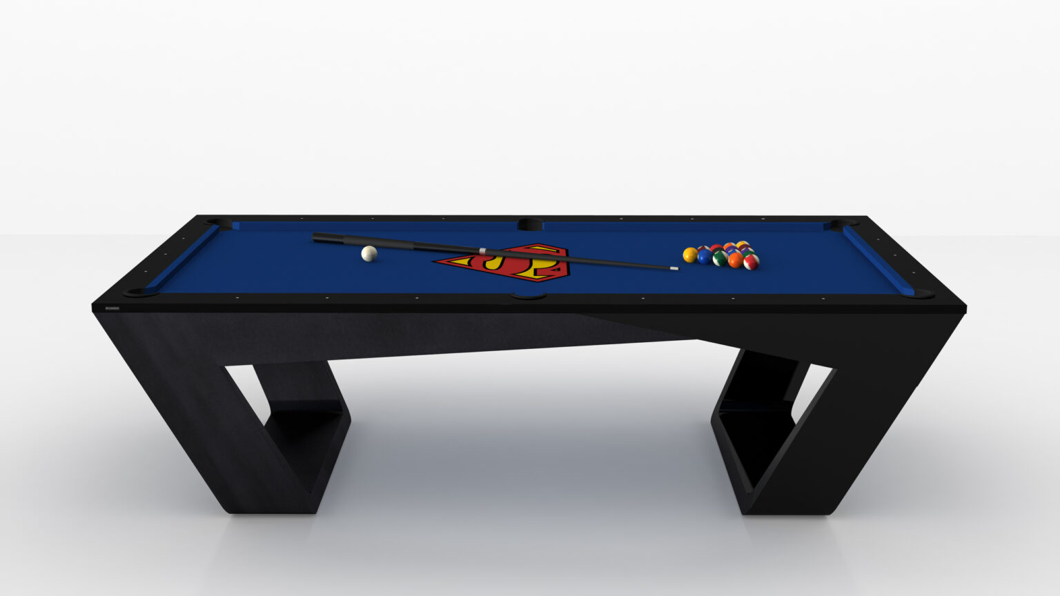 The Avettore Pool Table is a sleek, modern black design with a blue surface featuring a logo. This luxury game table comes with a cue stick, cue ball, and an organized set of colorful billiard balls ready for play.