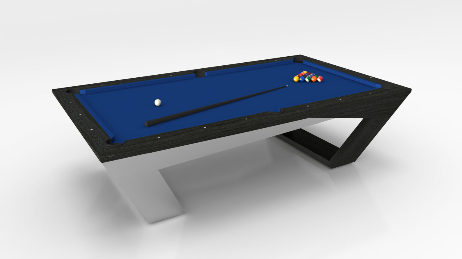 The Avettore Pool Table is a modern luxury game table featuring a blue surface with a white cue ball, black cue stick, and colorful balls in a triangular rack. Its asymmetrical black and white frame adds an elegant touch to its sleek design.