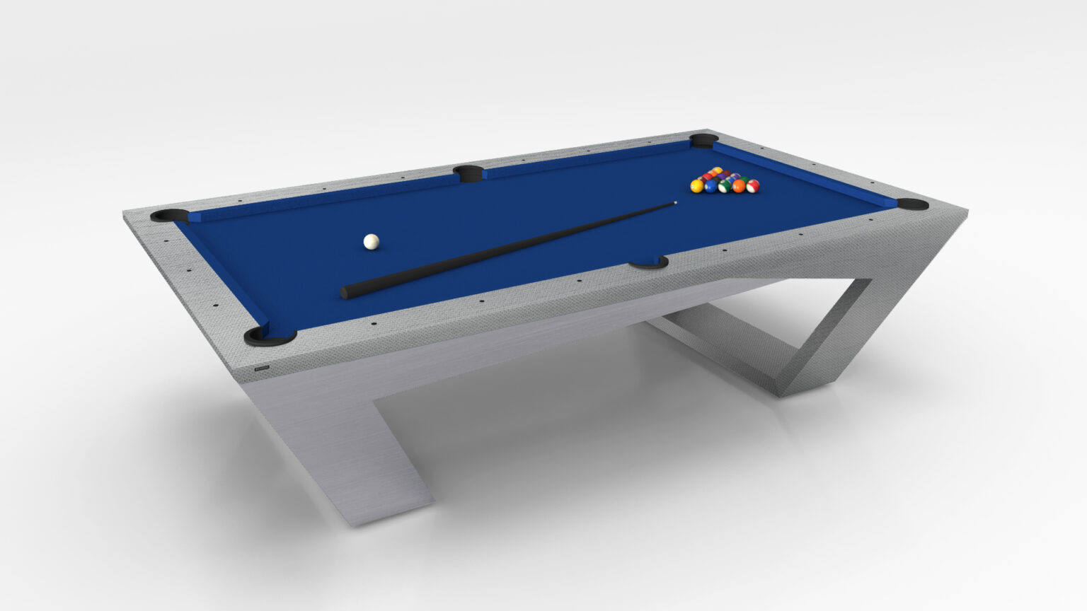 The Avettore Pool Table is a modern luxury game table with a blue felt surface and sleek metallic frame, complete with a cue stick, white cue ball, and neatly arranged colorful pool balls on its plain white backdrop.