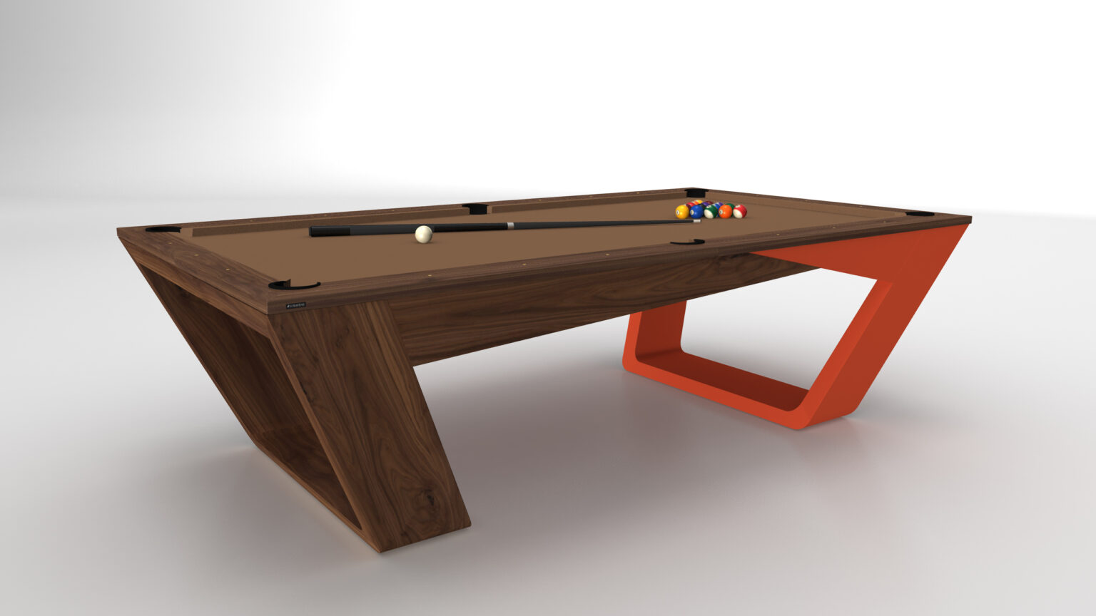 Discover the allure of luxury with the Avettore Pool Table. Featuring a modern wooden frame and striking red angular leg, its rich brown felt hosts a neatly arranged triangle of billiard balls, complete with a cue stick and ball for an immersive experience.