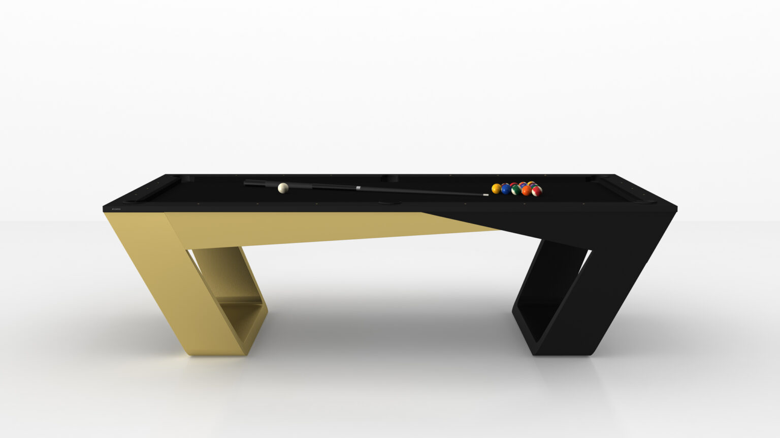 The Avettore Pool Table is a modern luxury game table with a unique geometric design, featuring one side in gold and the other in black. It elegantly displays pool balls and a cue stick on its black surface against a plain white background.