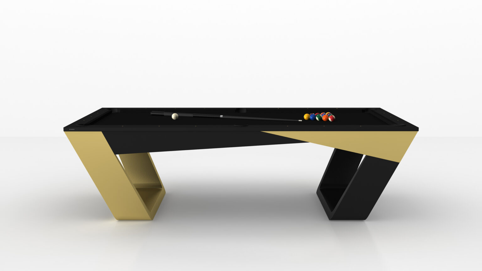 The Avettore Pool Table features a modern angular design with one gold leg and one black leg. This luxury table includes colorful billiard balls and a cue stick on its sleek black surface.