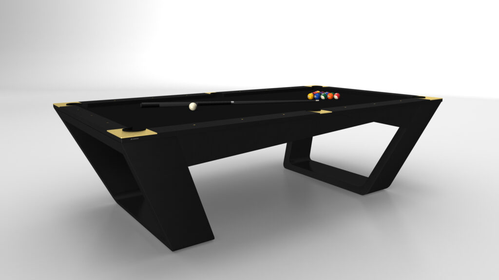 The Avettore Pool Table embodies luxury with its modern black design, angular features on a white background, shimmering gold corner accents, and a white cue ball surrounded by assorted colored balls artfully placed on the surface.