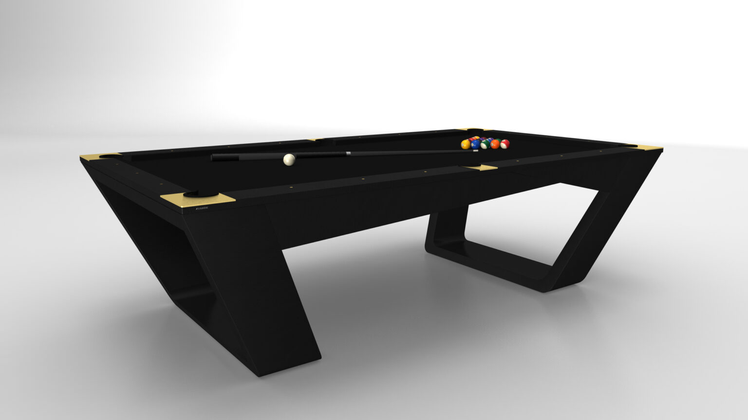 The Avettore Pool Table embodies luxury with its modern black design, angular features on a white background, shimmering gold corner accents, and a white cue ball surrounded by assorted colored balls artfully placed on the surface.