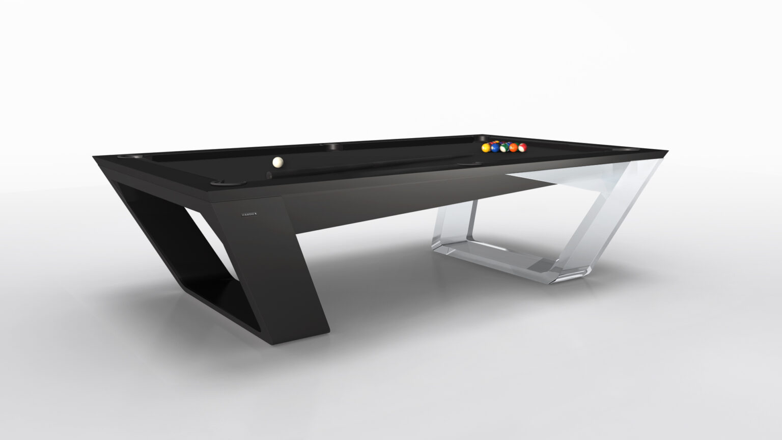 The Avettore Pool Table features a luxurious, modern design with a sleek, angular black and transparent base. Its shiny black surface holds a white cue ball and colorful balls arranged near the corner on a clean white background.