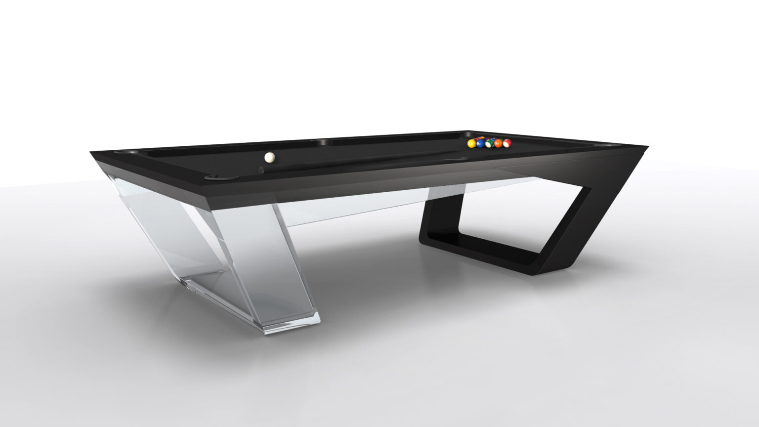 The Avettore Pool Table, with its modern black and transparent design, is set against a minimalist backdrop. This luxury game table features seven colored billiard balls and a white cue ball, expertly arranged at one end.