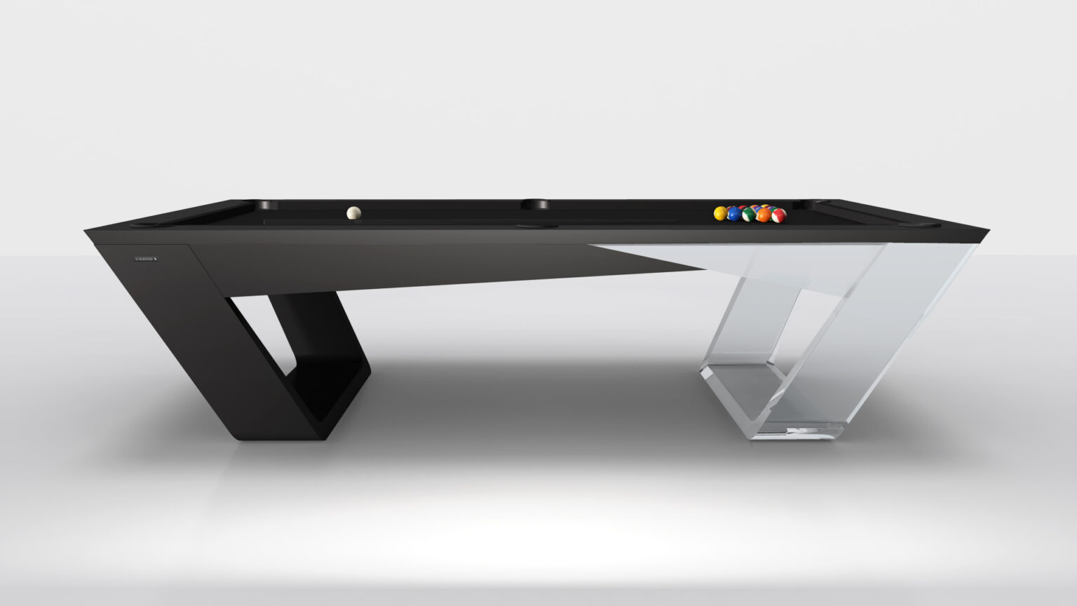 Discover the Avettore Pool Table, a luxurious minimalist game table with a sleek black design and transparent legs. The set includes a white cue ball and vibrant colored balls, arranged on its striking surface.