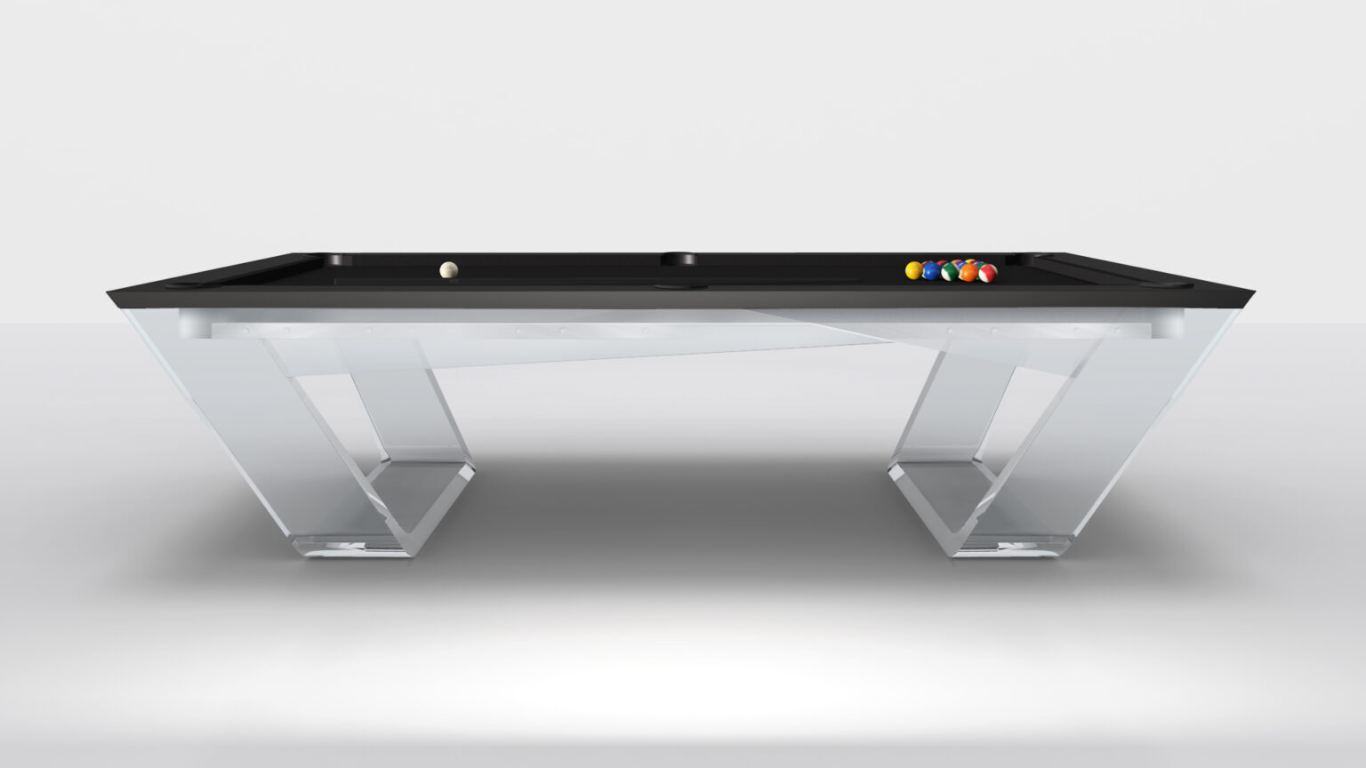 The Avettore Pool Table features a sleek luxury design with a black top and transparent, angular legs. A set of billiard balls is stylishly arranged on one end, contrasting elegantly against the plain white background to elevate any space.