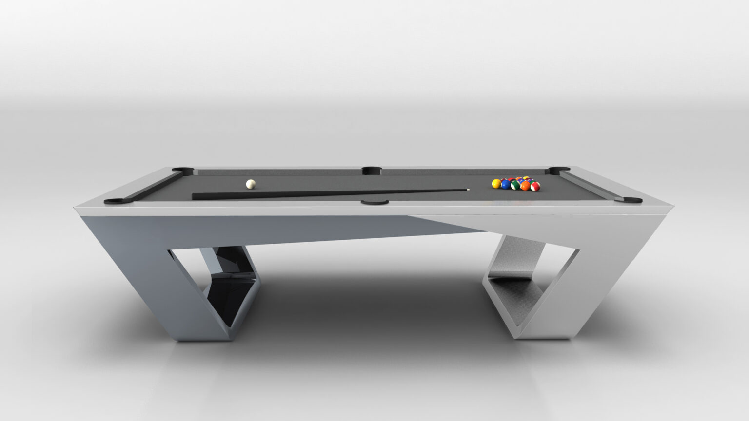 The Avettore Pool Table epitomizes luxury with its modern, sleek design and unique angular base. It features a dark playing surface, cue stick, white cue ball, and perfectly arranged colored balls on a neutral background that highlights its elegance and sophistication.