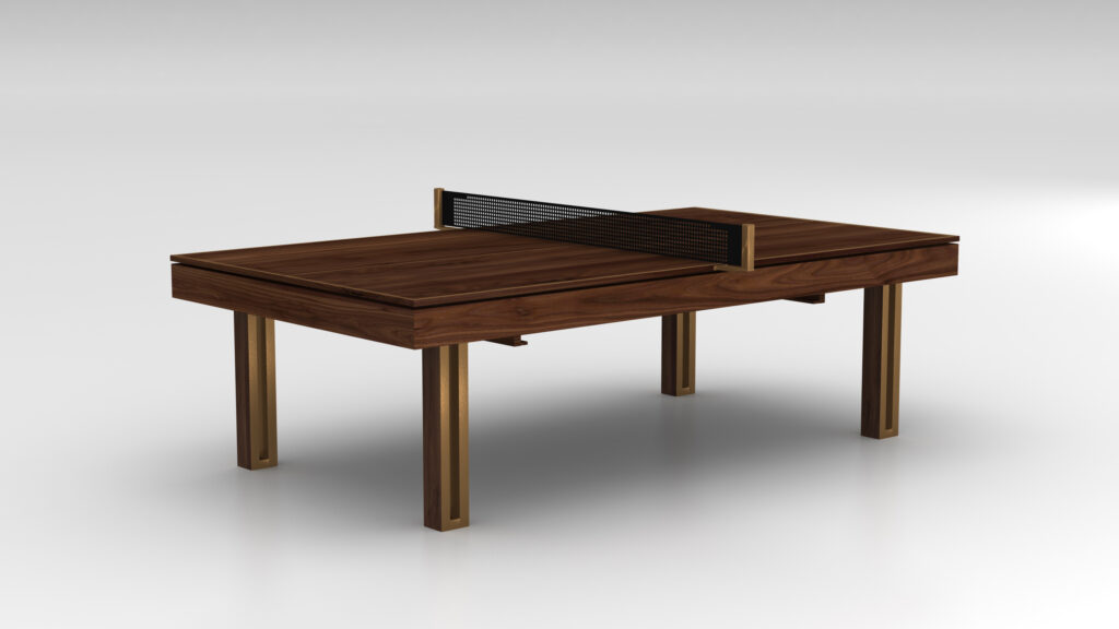 The Executive Ping Pong Table features dark wood, gold accents, and a black net, blending dining elegance with gaming fun—all showcased on a plain white background.