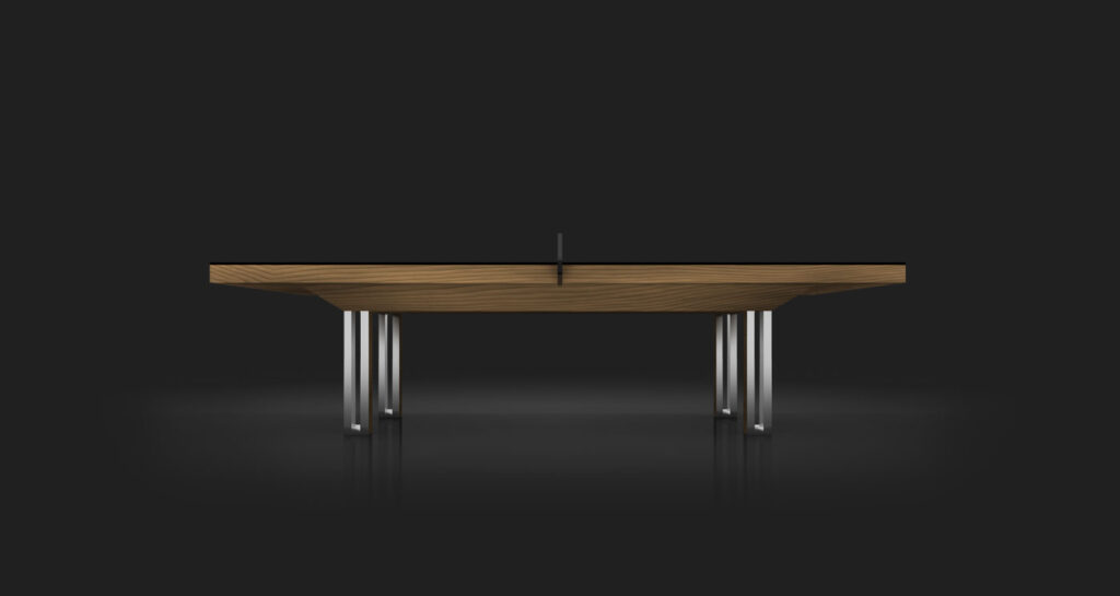 The Executive Ping Pong Table features a modern wooden top, sleek black edge, and silver metal legs, showcased against a dark background.