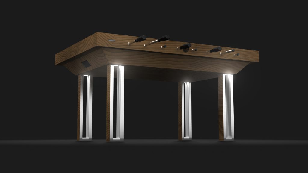 A modern Executive Foosball Table features four tall, transparent legs under dim lighting, evoking luxury. Metallic side handles hint at its multifunctionality, with a plain dark gray background enhancing its sophisticated allure.
