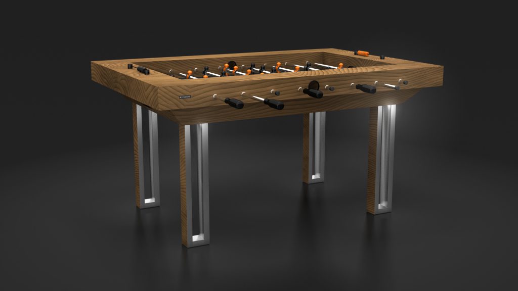 The Executive Foosball Table is a luxury item with a wooden frame and sleek metallic legs, featuring black and orange players on rods over a reflective black surface. Its minimalist and contemporary design stands out against a dark backdrop.
