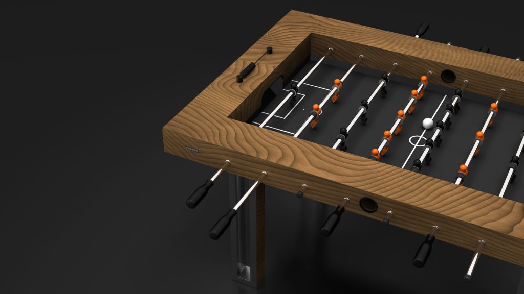 A close-up of the Executive Foosball Table on a dark background highlights its wooden surface, sleek rods, and orange and white player figures. A soccer ball sits on the playfield.