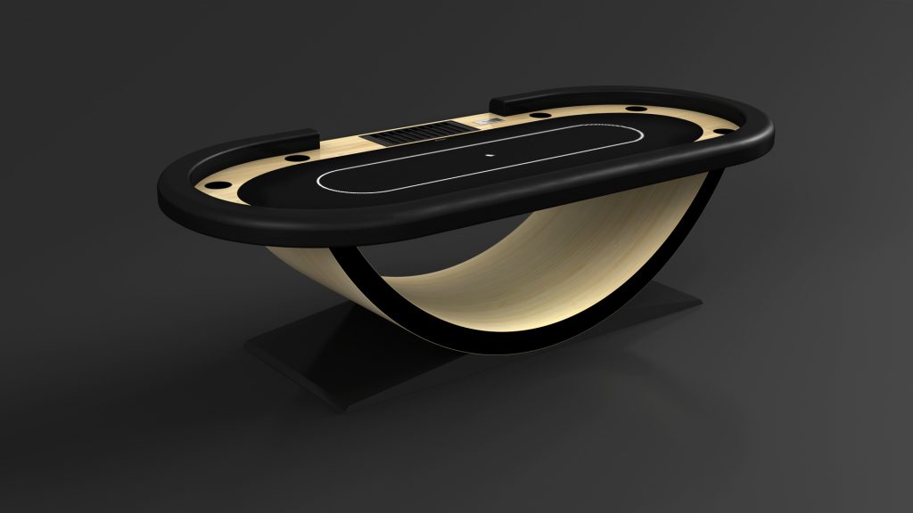 The Theseus Oval Poker Table boasts a sleek, curved wooden base and dark playing surface, complete with cup holders and a chip tray, offering an elegant contrast against its dark design.