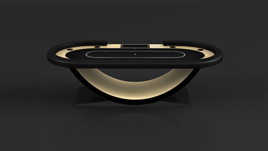 Introducing the sleek Theseus Oval Poker Table: a modern design featuring a black oval playing surface with beige accents, curved base, card slots, and chip trays on both ends—all against an elegant dark background for a sophisticated gaming experience.