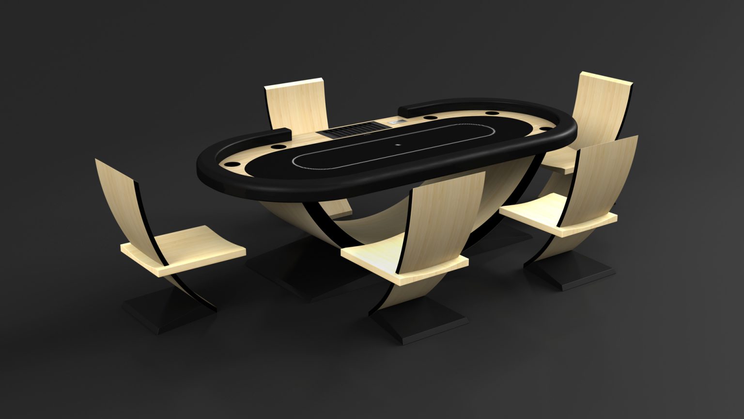 The Theseus Oval Poker Table features a sophisticated black surface with elegant wood accents and is complemented by four distinctive wood and black chairs, all set against a dark backdrop.