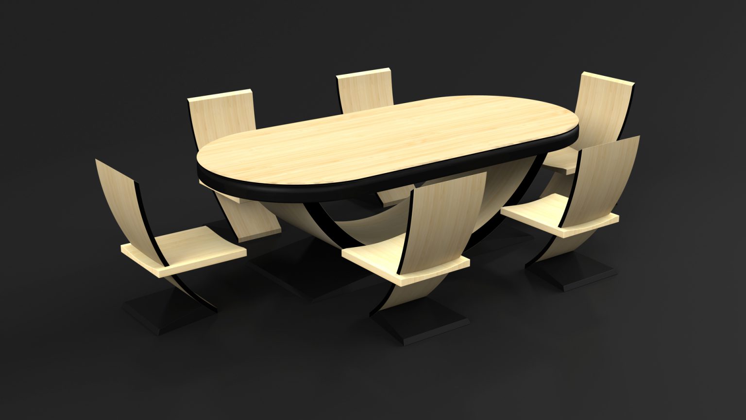 Introducing the Theseus Oval Poker Table dining set, featuring an oval wooden table with a black base and six chic chairs. The chairs have curved backs and angled legs that complement the tables sleek design against a sophisticated dark backdrop.