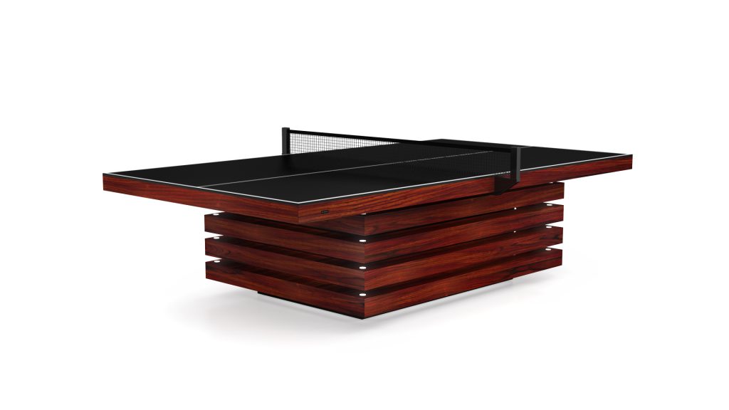 Introducing the Arclight Ping Pong Table: a sleek indoor tennis setup with modern design, featuring a dark wood base, black surface, and central net on a distinctive layered foundation for an elegant gaming experience.