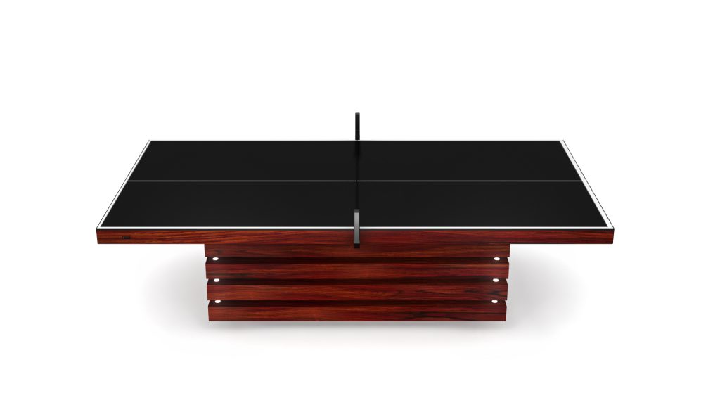 Discover the Arclight Ping Pong Table, a modern marvel with a sleek black surface and wooden base. Its minimalist design features clean lines and a polished look, with a centered net splitting it into equal halves for an exceptional playing experience.