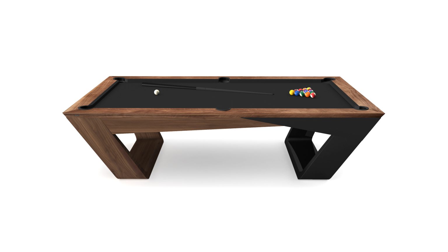 The Avettore Pool Table showcases a modern aesthetic with a wooden frame and sleek black legs. Its premium black felt surface includes a cue stick and billiard balls, neatly arranged in a triangle, adding sophistication to any game room.