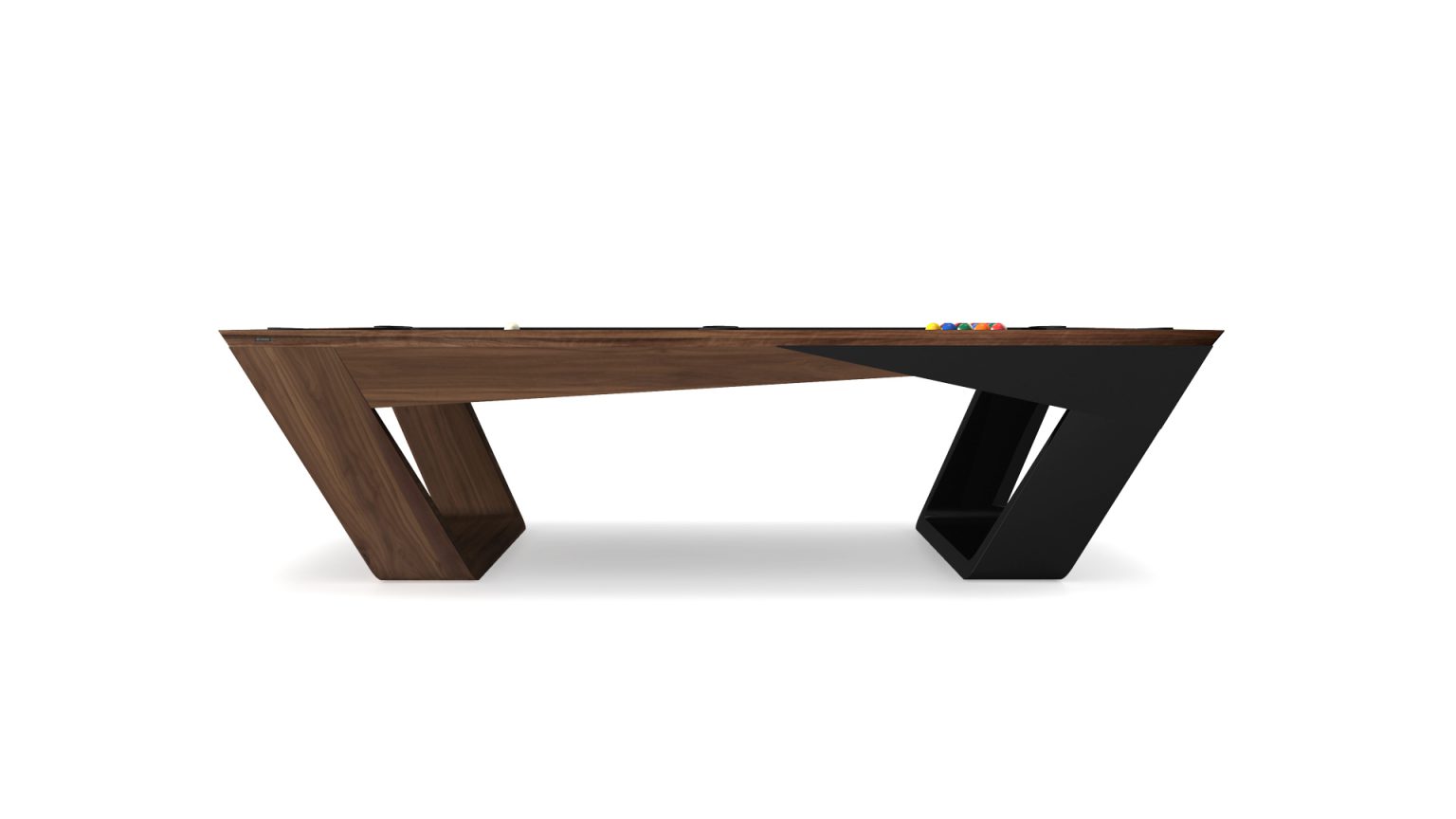 The Avettore Pool Table features a modern design with unique wooden and black geometric legs. Its elegantly arranged pool balls add to its sophistication, making it a standout in any contemporary setting.