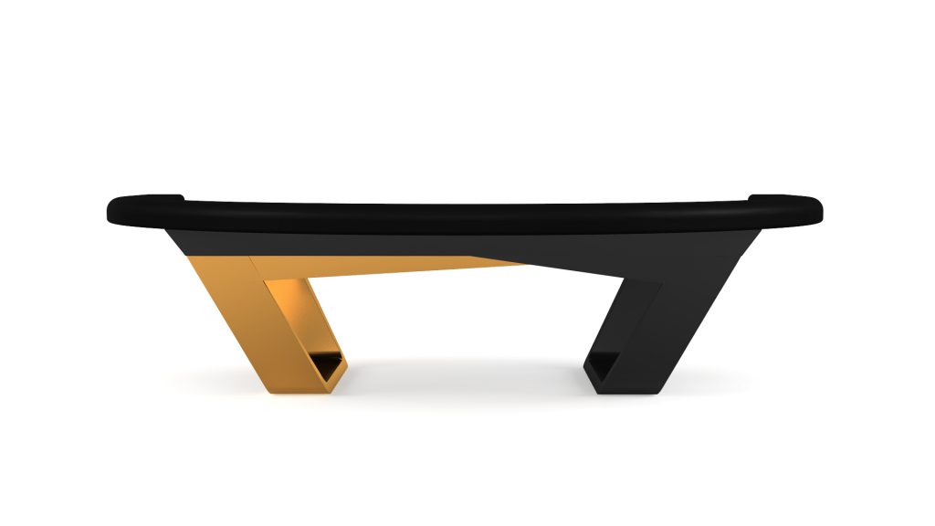 This minimalist bench draws inspiration from the Avettore Blackjack Table, featuring a black seat with two angled gold and black supports. Its sleek, contemporary design includes a slightly curved seat and asymmetrical legs.