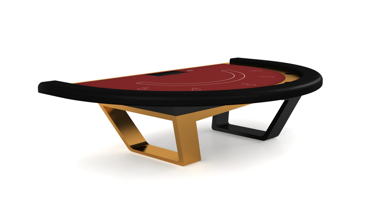 The Avettore Blackjack Table features a red felt surface, black padded armrest, and sleek geometric legs with gold and black finishes, exuding sophistication like a high-stakes table against a pristine white background.