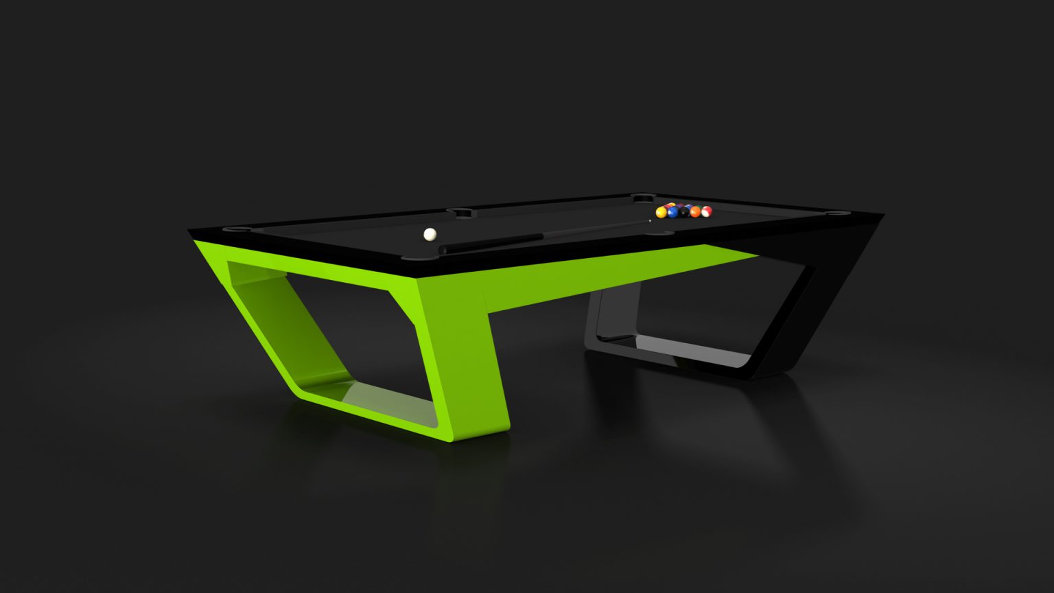 The Avettore Pool Table features a sleek, angular design with a black and neon green frame, vibrant balls, and a dark background that enhances its modern look.