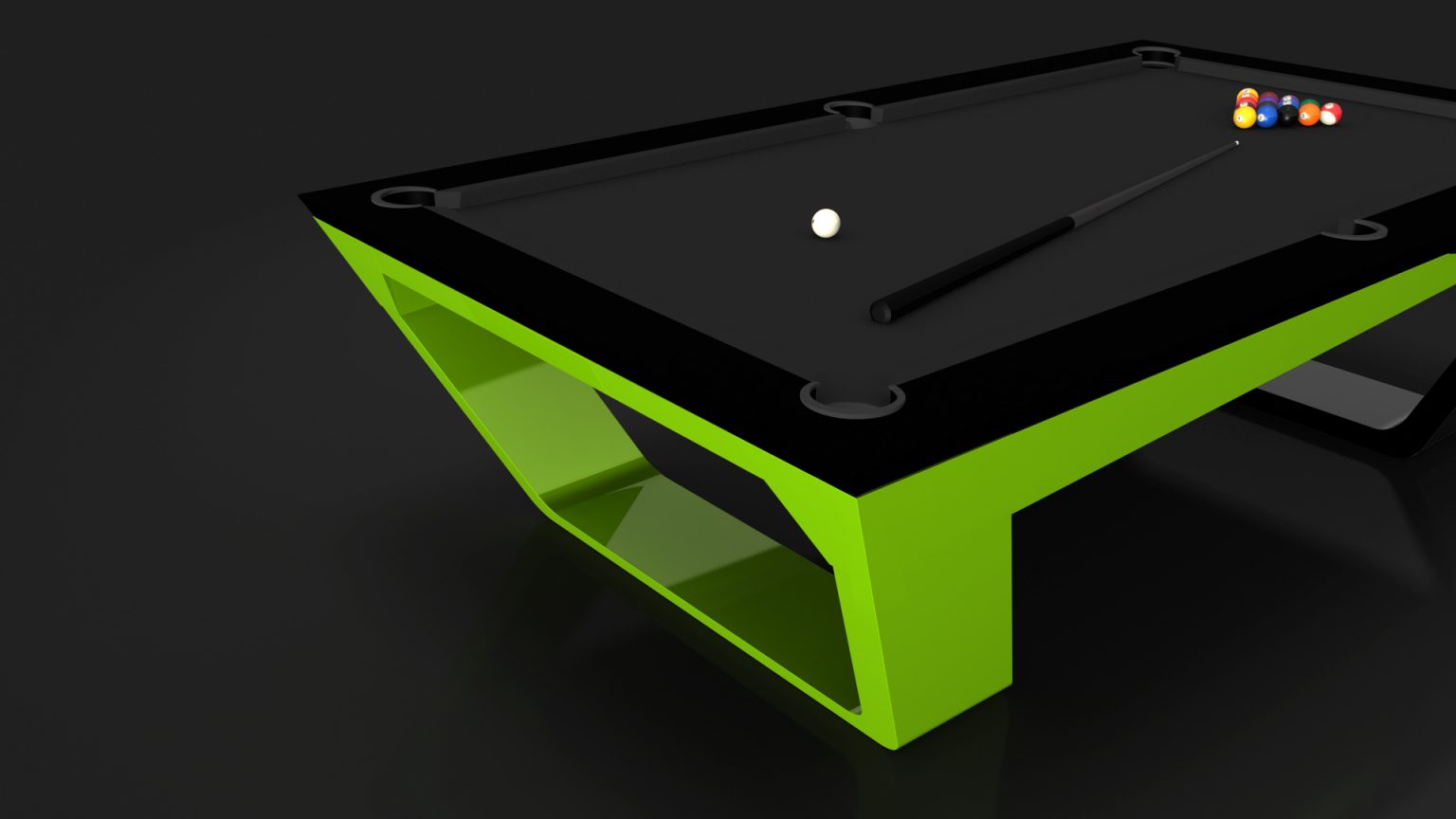 The Avettore Pool Table boasts a vibrant lime green frame with a black playing surface. A pristine cue ball and stick rest on top, while colorful racked balls in the corner add interest. Its modern luxury design is accentuated by the dark background, enhancing its sophisticated allure.