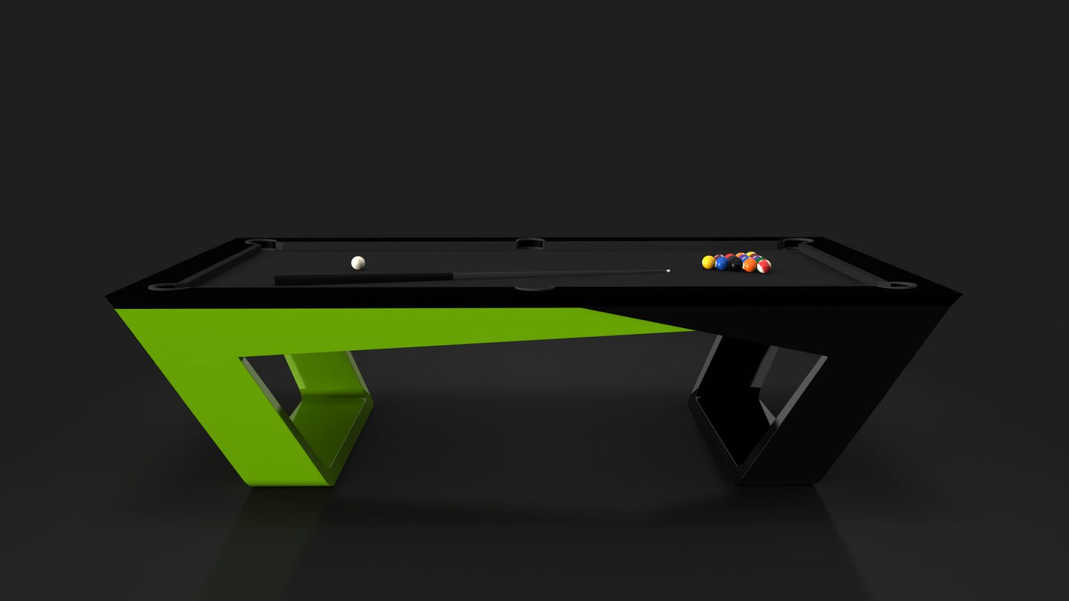 The Avettore Pool Table, a sleek modern masterpiece in black and green with a geometric design, stands elegantly against a dark background. The vibrant billiard balls and cue stick on its surface epitomize sophistication.