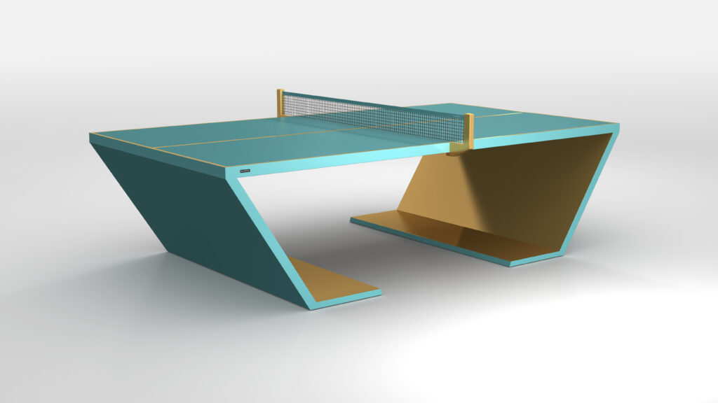 The Cabaret Ping Pong Table features a modern, minimalist design in teal and gold with angled legs and a sleek net, shown against a plain white background.