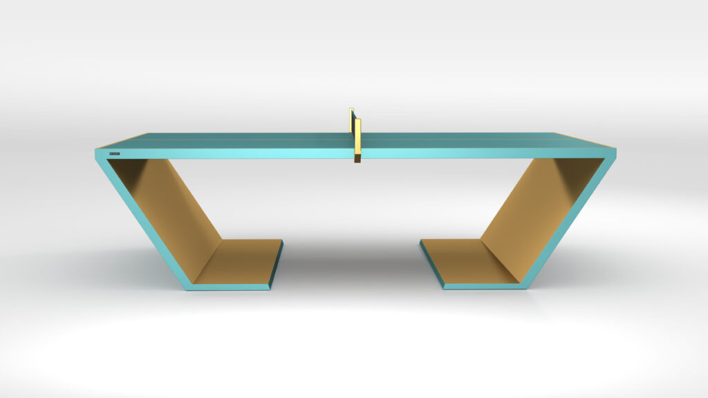 The modern Cabaret Ping Pong Table features a blue playing surface, angled golden legs, and a slim yellow net, shown against a plain white background.