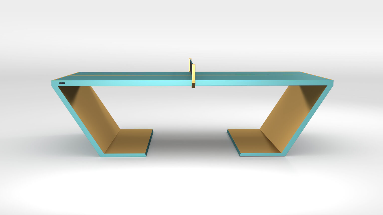 The modern Cabaret Ping Pong Table features a blue playing surface, angled golden legs, and a slim yellow net, shown against a plain white background.