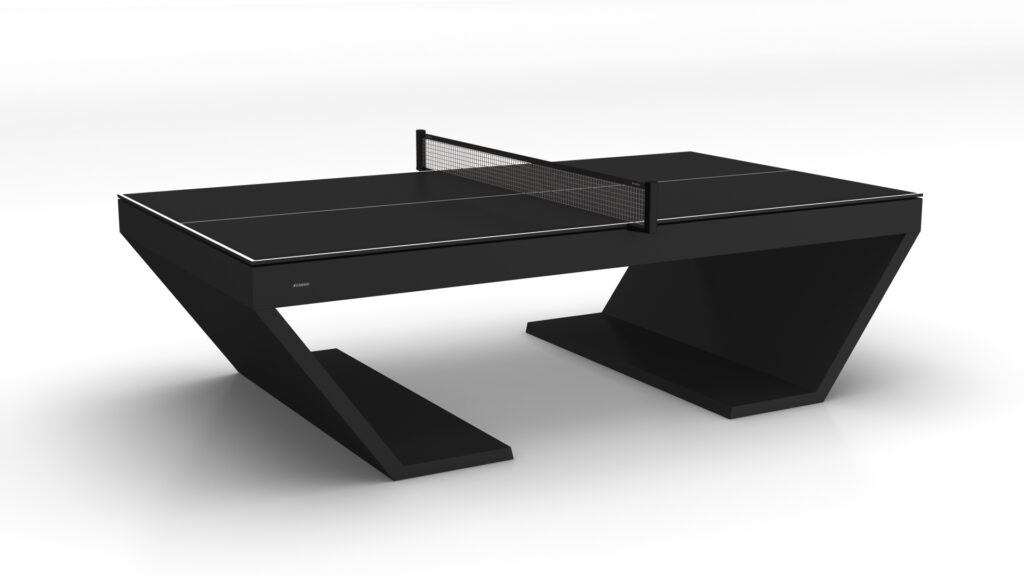 The Cabaret Ping Pong Table features a modern, minimalist design with sleek angular legs, a center net, and white boundary lines for a luxurious look.