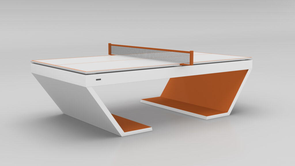 The Cabaret Ping Pong Table features a modern, minimalist design with a white surface, orange edges and net, plus an angular asymmetrical base with orange accents.
