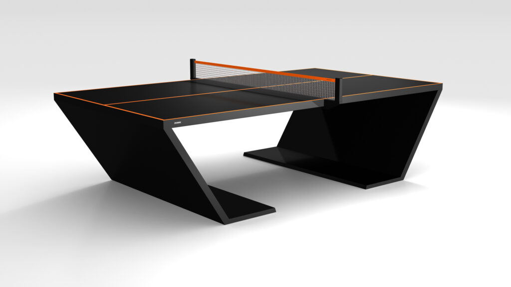 The Cabaret Ping Pong Table features a modern black design with bold orange edges, Z-shaped legs, and a central net, all set against a plain white background.