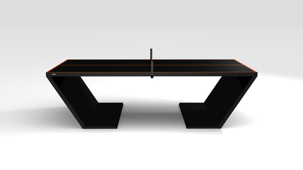 The Cabaret Ping Pong Table features a modern black design with angled legs, an orange accent line on the tabletop, and a centered net, showcased against a plain white background.